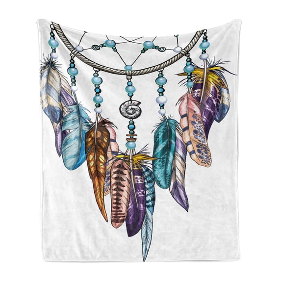 Feather Soft Flannel Fleece Throw Blanket, Ornate Dreamcatcher with Feathers and Gemstone Astrology, Cozy Plush for Indoor and Outdoor Use, 60" x 80", Multicolor, by Ambesonne