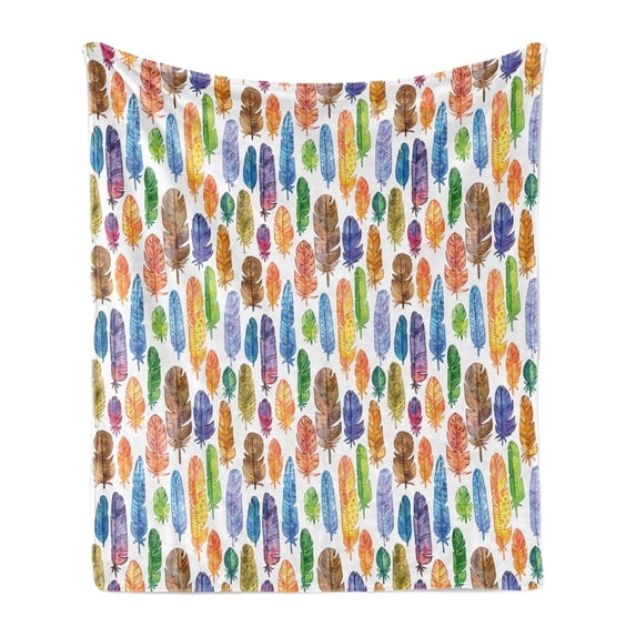 Feather Soft Flannel Fleece Throw Blanket, Pattern with Watercolor Drawing Style Feathers with Motifs Artwork, Cozy Plush for Indoor and Outdoor Use, 60" x 80", Multicolor, by Ambesonne