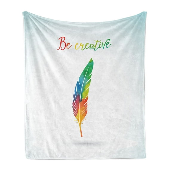 Feather Soft Flannel Fleece Throw Blanket, Rainbow Colored Quill and Be Creative Words Writing Creation Image, Cozy Plush for Indoor and Outdoor Use, 60" x 80", Multicolor, by Ambesonne