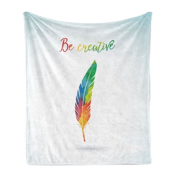 Feather Soft Flannel Fleece Throw Blanket, Rainbow Colored Quill and Be Creative Words Writing Creation Image, Cozy Plush for Indoor and Outdoor Use, 70" x 90", Multicolor, by Ambesonne