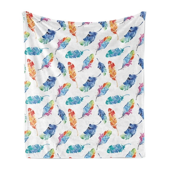Feather Soft Flannel Fleece Throw Blanket, Watercolor Bird Feathers with Soft Color Palette Inspirations Print, Cozy Plush for Indoor and Outdoor Use, 50" x 60", Multicolor, by Ambesonne