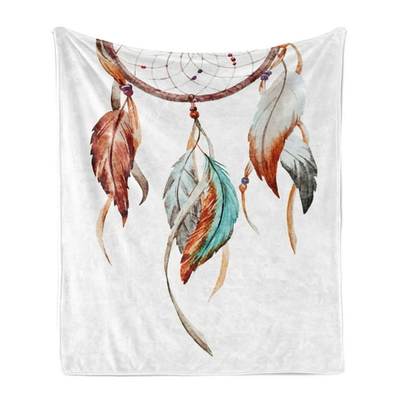 Feather Soft Flannel Fleece Throw Blanket, Watercolor Dream Catcher Inspirations Traditional, Cozy Plush for Indoor and Outdoor Use, 50" x 60", Burnt Sienna Seafoam, by Ambesonne