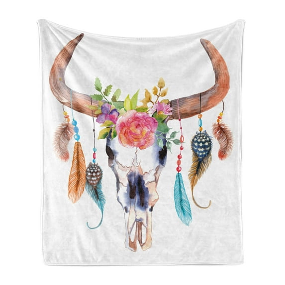 Feather Soft Flannel Fleece Throw Blanket, Watercolor Style Bull Skull Ornaments Vibrant Image, Cozy Plush for Indoor and Outdoor Use, 70" x 90", Multicolor, by Ambesonne