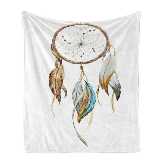 Feather Soft Flannel Fleece Throw Blanket, Watercolor Style Ornament Dream Catcher Elements, Cozy Plush for Indoor and Outdoor Use, 50" x 70", Brown Blue Grey, by Ambesonne