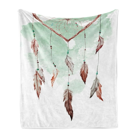 Feather Soft Flannel Fleece Throw Blanket, Watercolor Vibrant Dream Catcher Ornamental Elements Traditional Design, Cozy Plush for Indoor and Outdoor Use, 50" x 60", Mint Green Brown, by Ambesonne