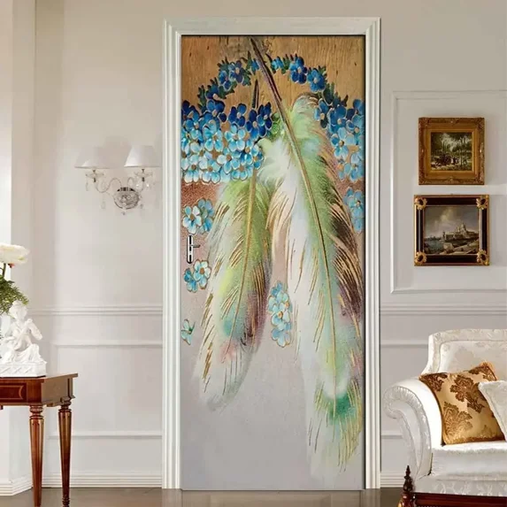Feather Splash Ink Door Stickers Peacock Mural Sticker Self-adhesive Animal Fur Decal Wallpaper Home Bedroom Decor