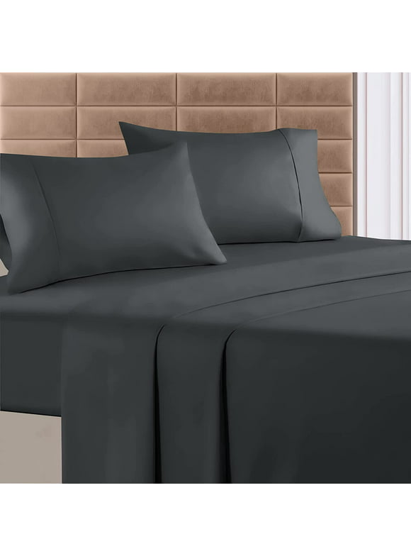 Feather & Stitch 100% Cotton Sheets 4 Piece Bed Sheet Sets 400 Thread Count - Deep Pocket Sheets Includes Fitted Sheet, Flat Sheet & 2 Pillowcase Sets, Dark Grey - Queen