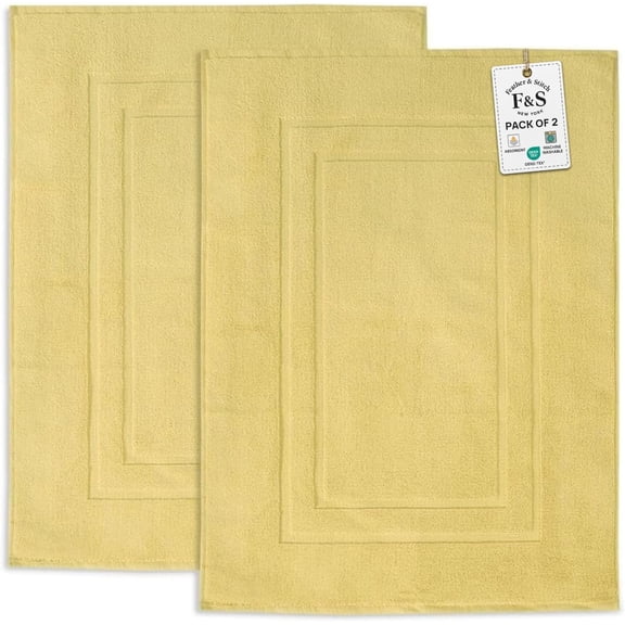 Feather & Stitch 100% Cotton Terry Bath Mats, 2 Piece Towel Like Bath Mats (30x21 Inch) Bathroom Shower Step Out Tub Floor Mats [NOT A Bathroom Rug] Soft Absorbent Washable Mats- Yellow