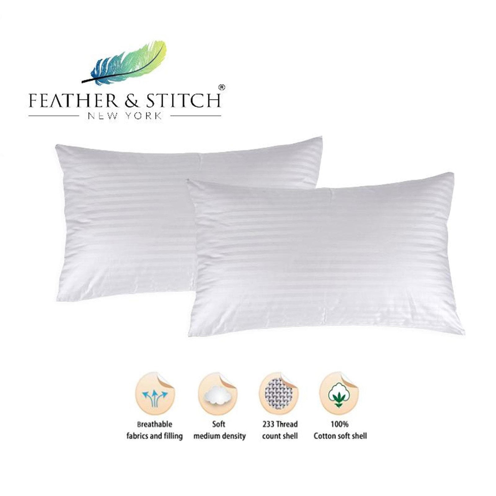 Feather Stitch 2-Pack Bed Pillows - 100% Cotton Sateen Stripe Cover ...