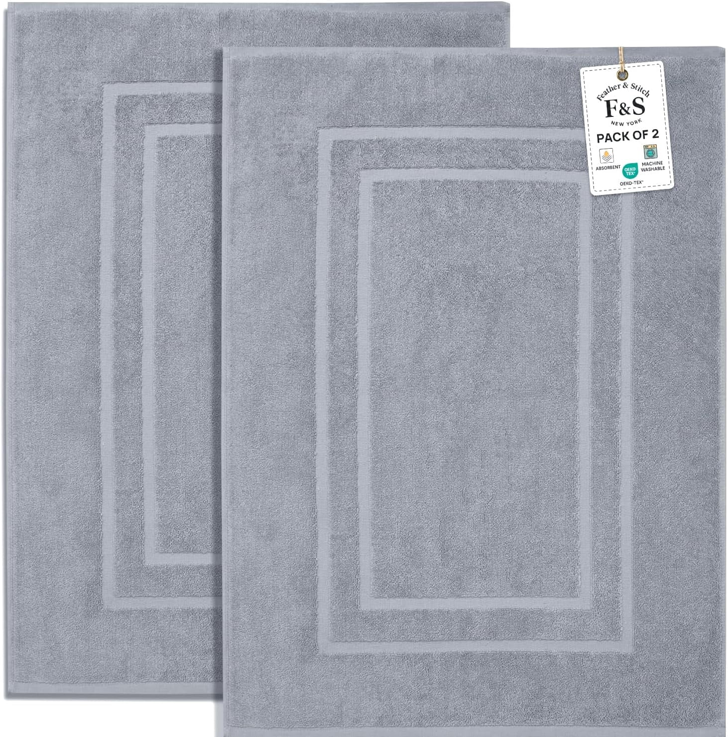 Feather & Stitch 2 Piece Towel Like Bath Mats (30x21 Inch) 100% Cotton Terry Mats Bathroom Shower Floor [NOT A Rug] Soft Absorbent Washable - Grey