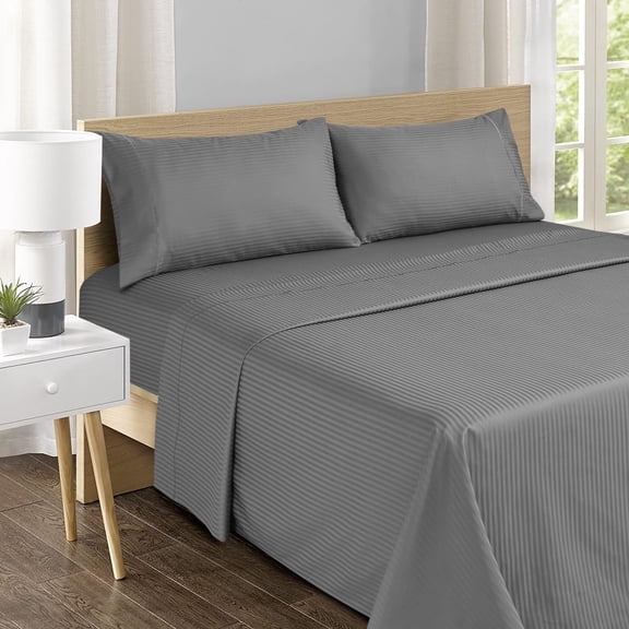 Feather & Stitch 500 TC California King Size Damask Bed Sheet Set, Cotton Soft Breathable Bedsheets, 4 Piece 18" Deep Pockets Sateen Weave Striped Bedding Mattress Resort Hotel Luxury- (Grey)