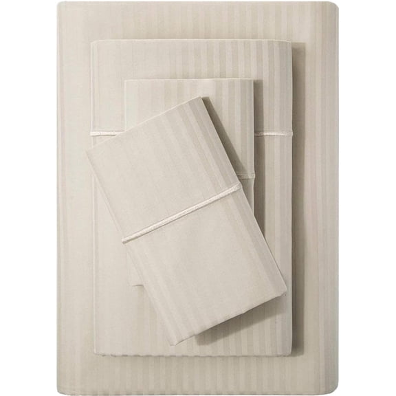 Feather & Stitch 500 TC King Size Damask Bed Sheet Set 100% Cotton Soft Breathable Bedsheets 4 Piece 18" Deep Pockets Sateen Weave Striped Bedding Mattress Resort Hotel Luxury- (Beige King)