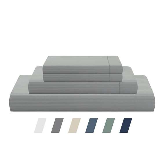 Feather & Stitch 500 Thread Count 100% Cotton Stripe Sheets Set with 2 Twin XL Fitted,1 King Flat, 2 King Pillow Cases .Soft Sateen Weave, Deep Pocket, Hotel Collection (Grey, Split King)