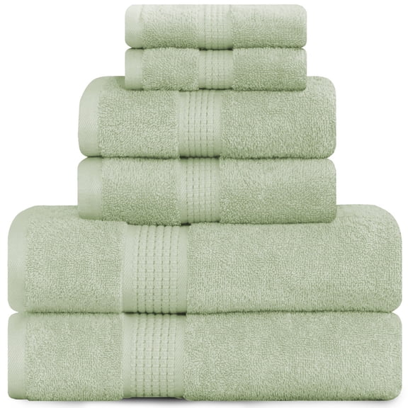 Feather & Stitch Premium 100% Cotton Solid Bath Towel Set, 6 Piece, Sage – Soft, Absorbent with Dobby Border