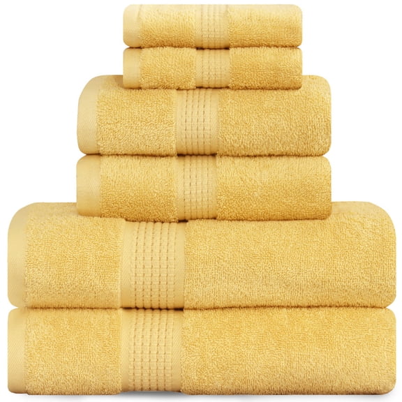 Feather & Stitch Premium 100% Cotton Solid Bath Towel Set, 6 Piece, Yellow – Soft, Absorbent with Dobby Border