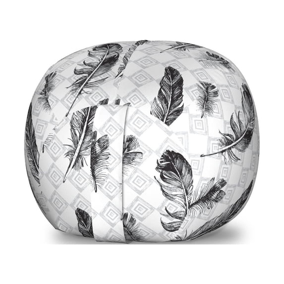 Feather Storage Toy Bag Chair, Faded Geometric Backdrop Nested Squares Mosaic Pattern Fluffy Wings Fly, Stuffed Animal Organizer Washable Bag, Large Size, Black White Pale Grey, by Ambesonne