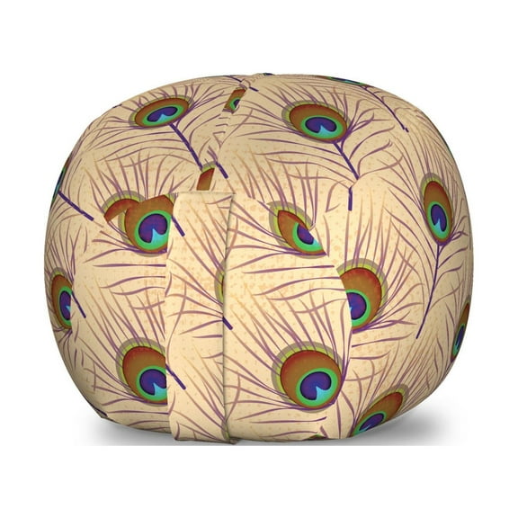 Feather Storage Toy Bag Chair, Native Style Art of Diagonally Arranged Peacock Fluff Plumage, Stuffed Animal Organizer Washable Bag, Small Size, Pale Peach Multicolor, by Ambesonne
