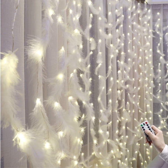 Feather String Lights, led Decorative Lights, Remote Control Romantic Wall Hanging Curtain Decoration White Feather(warm White Lamp Beads)3*2M