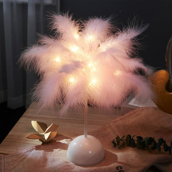 Feather Table Lamp Battery Operated LED Bedside Night Light - Portable Tabletop Lamp for Bedroom Wedding Centerpiece Party Decoration - 9.84 Inch Artificial Feather Desk Light with 3 AA Battery