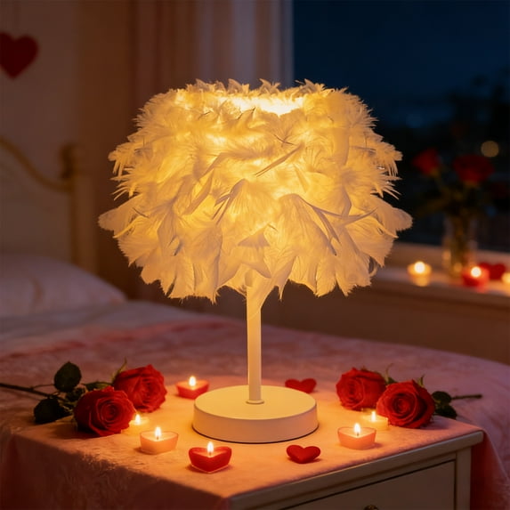 Feather Table Lamp, USB Powered Bedside Lamp, Romantic Wedding Decor Night Light, Pink White Luxury Desk Lamp with Iron Base for Girls Bedroom, Valentines Day Gift, 11x3.94 Inch