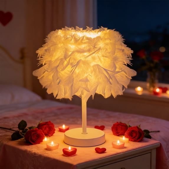 Feather Table Lamp with USB, Valentine's Day Decorations, Elegant Bedside Lamp for Girls Room, Romantic Bedroom Decor Wedding Room Decoration, Hand-Woven Shade for Home