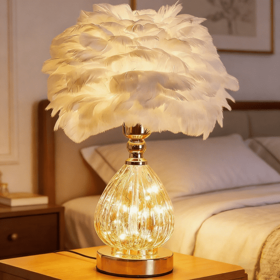 Feather Table Lamp with 3 Lighting Modes, Handmade Lampshade, Weighted Metal Base, E27 Bulb Included, for Bedroom Desk Living Room