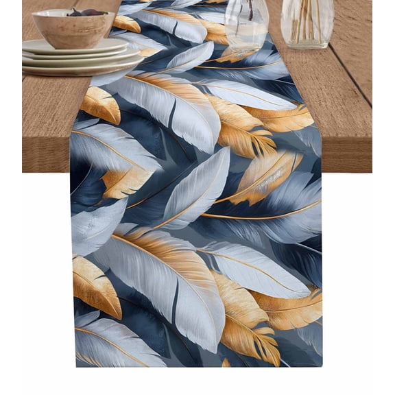 Feather Table Runner 36 Inches, Orange White Blue Oil Painting Modern Abstract Bed Runner Dresser Scarves Tabletop for Indoor Outdoor Parties/Ceremony/Banquet, 13"x 36"