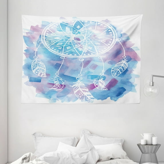 Feather Tapestry, Abstract Dream Catcher with Watercolor Background Artistic Brushstrokes, Wall Hanging for Bedroom Living Room Dorm Decor, 80W X 60L Inches, Pale Blue Lilac White, by Ambesonne