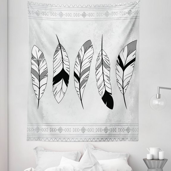 Feather Tapestry, Doodle Borders with Triangle Motifs Bohemian Western, Fabric Wall Hanging Decor for Bedroom Living Room Dorm, 5 Sizes, Black White Pale Grey, by Ambesonne
