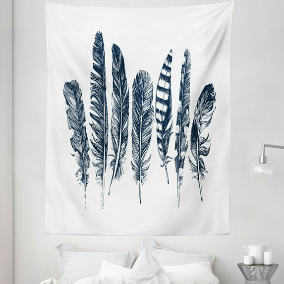 Feather Tapestry, Sketch Style Arrangement of Feathers Monochrome Wild Bird Quills Pattern, Fabric Wall Hanging Decor for Bedroom Living Room Dorm, 5 Sizes, Dark Blue and White, by Ambesonne
