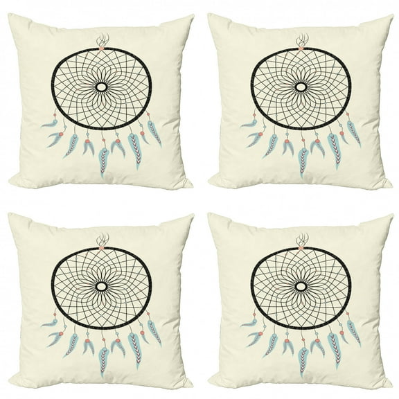 Feather Throw Pillow Cushion Case Pack of 4, Grunge Style Dreamcatcher Traditional Symbolic Element, Modern Accent Double-Sided Print, 4 Sizes, Cream Pale Blue Grey, by Ambesonne
