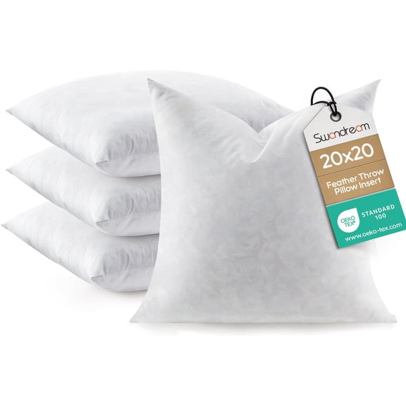 Feather Throw Pillow Inserts Set of 4, Soft Fluffy Square 20 x 20 Inches Decorative Pillow Insert, Feather and Down Euro Pillows for Bed, Couch and Cushion