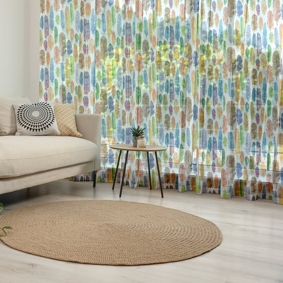 Feather Tulle Curtains with Rod Pocket, Pattern with Watercolor Drawing Style Feathers with Motifs Art, Sheer Drape for Wedding Party 2 Panels, 7 Sizes, Multicolor, by Ambesonne