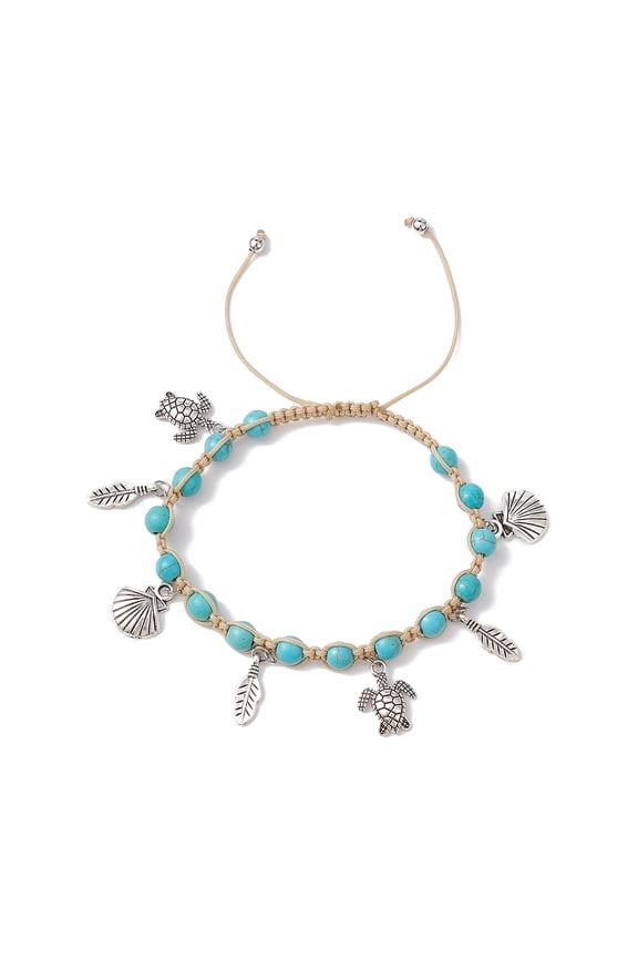 Feather Turtle Shell Shape Alloy Charm Bracelet Synthetical Turquoise Adjustable Inner Diameter: 2-1/8~3-3/8 inch(5.5~8.55cm)