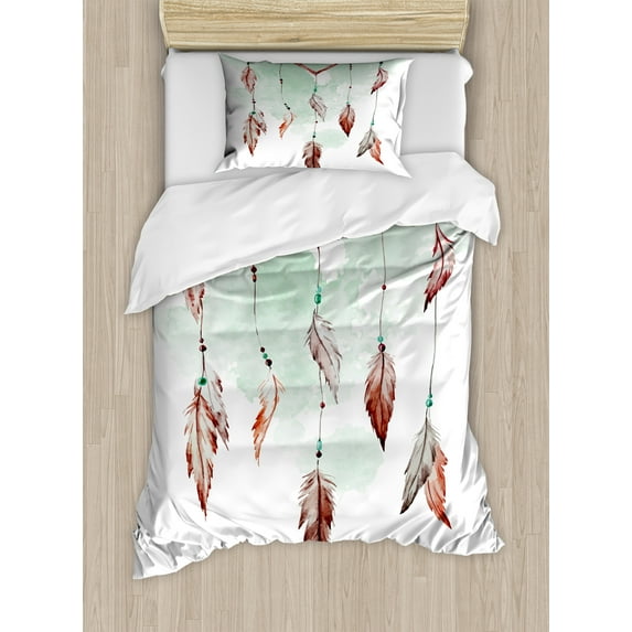 Feather Twin Size Duvet Cover Set, Watercolor Vibrant Dream Catcher with Ornamental Elements Traditional Design, Decorative 2 Piece Bedding Set with 1 Pillow Sham, Mint Green Brown, by Ambesonne