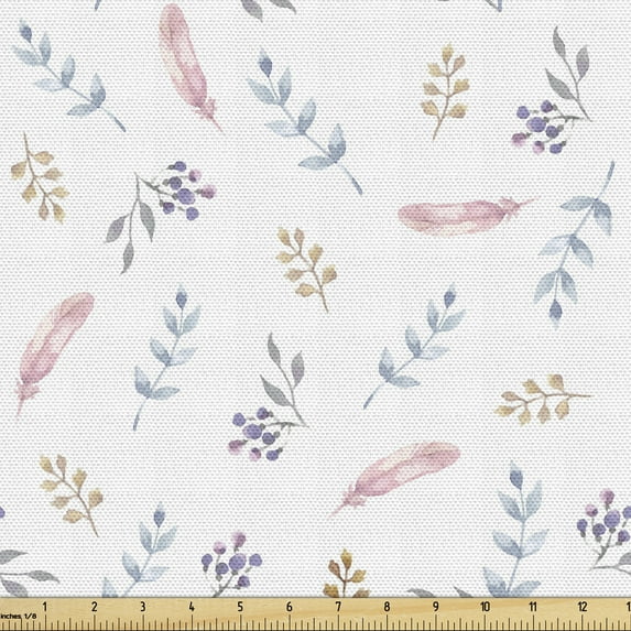 Ambesonne Feather Fabric by the Yard Upholstery, Blossoming Foliage Minimal, 5 Yards, Multicolor