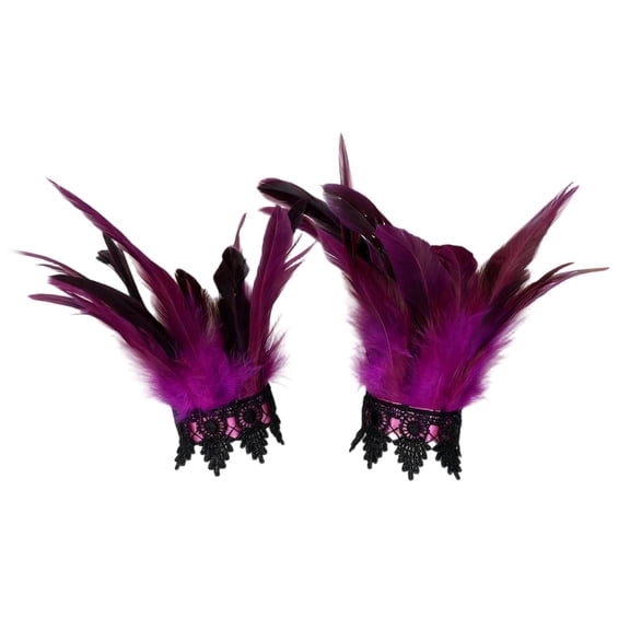 Feather Wrist Cuffs, Magenta Black Lace Trimmed 2 Pack, Costume Accessory Set for Halloween Masquerade Party Stage Performance Gothic Themed Events Cosplay Prom Decor for Adult Women