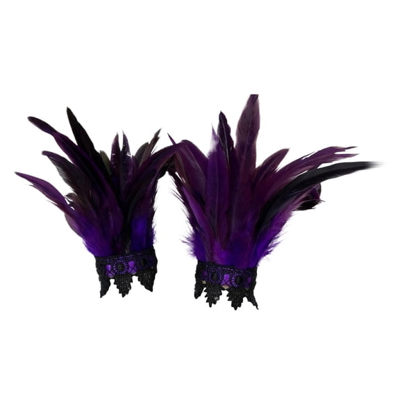 Feather Wrist Cuffs, Purple Lace Trimmed, 2 Pack Adjustable Elastic Arm Bands, for Halloween Cosplay Carnival Stage Performance Masquerade Themed Party Rave Dance Costume Decorations