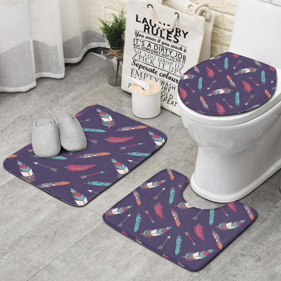 Feather and Arrow Pattern Bathroom Rugs Sets 3 Piece,Toilet Cover Set,Absorbent Non Slip Bathroom Mats Sets with U-Shaped Contour Rug Toilet Rug Set