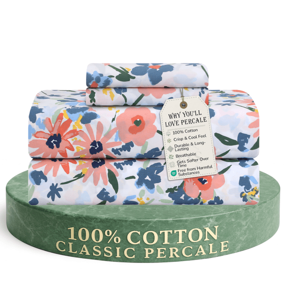 Feather and Stitch New York 4-Piece 300 Thread Count Daisy Delight 100% Cotton Percale Sheet Set, King