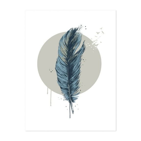 Feather in a circle - Illustration Minimalist Nature Boho Abstract Unframed Wall Art Print 30 x 40 inches