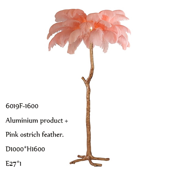 FeatherLux Pink Ostrich Feather Tree Floor Lamp, Gold Resin Branch Standing Light, D100H160cm for Bedroom & Living Room