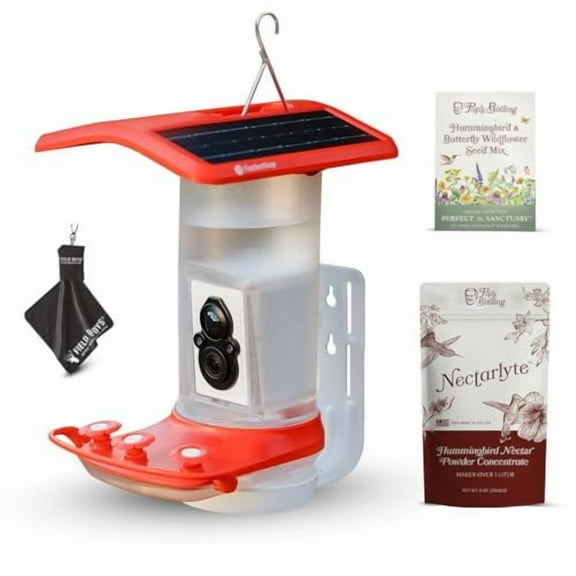 FeatherSnap Smart Hummingbird Feeder with HD Camera WiFi Solar Bird Feeder, Motion Sensor, App Alerts, Live Video, Photo Capture 1L Capacity, Seed Mix & Cleaning Cloth Included