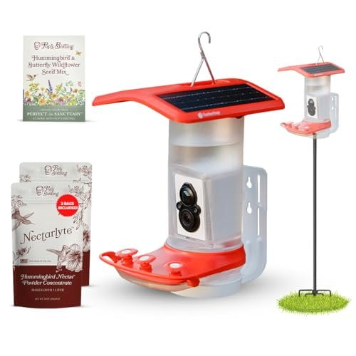 FeatherSnap Smart Hummingbird Feeder with HD Camera WiFi Solar Bird Feeder with Motion Sensor, App Alerts, Live Video & Photo Capture 1L Nectar Capacity with Pole Stand & Seed Mix