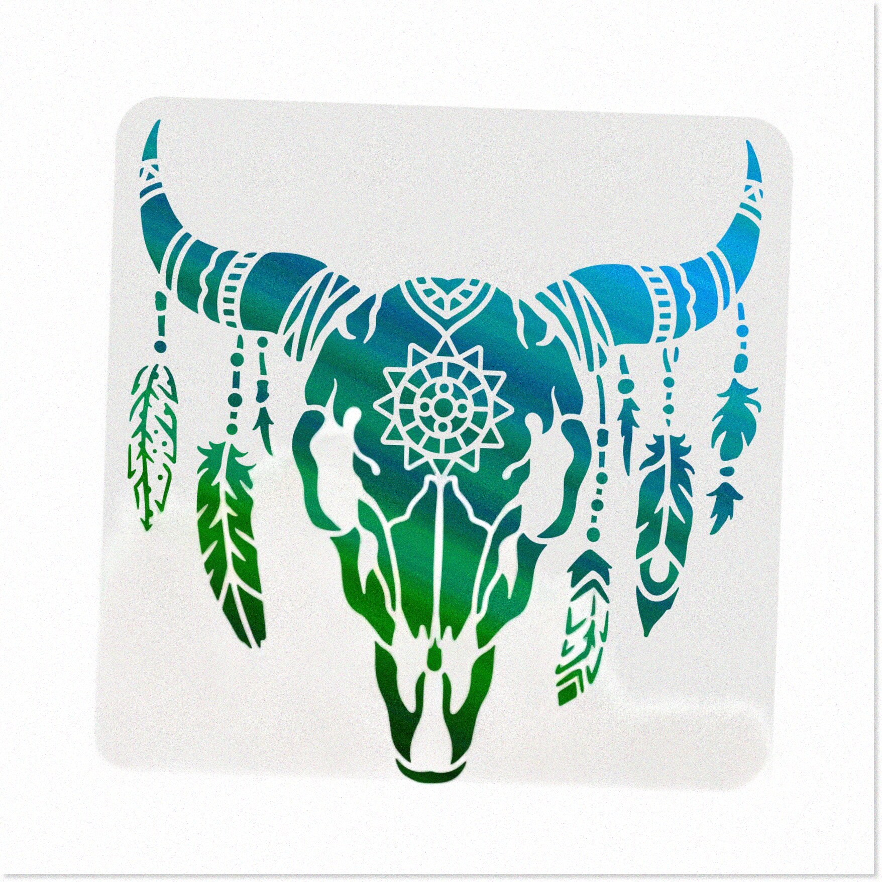 Feathered Bull Head Template 11.8x11.8inch Plastic Cow Skull Stencil
