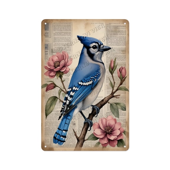 Feathered Friend Wall Sign 12x16 Inches - Retro Blue Jay Decorative Tin Plaque, Wild Bird Nature Lover Gift