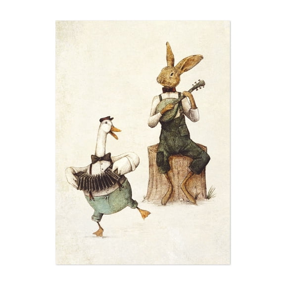 Feathered Furry Harmony - Drawing Humor Surrealism Rustic Farmhouse Fantasy Vintage Unframed Wall Art Print 4 x 6 inches