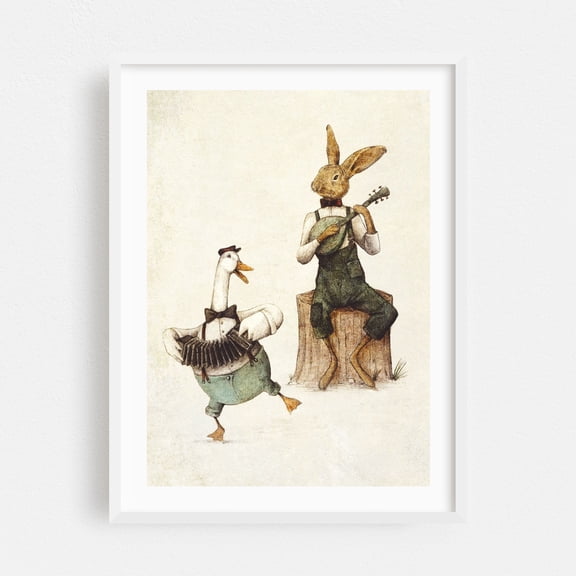 Feathered Furry Harmony - Drawing Humor Surrealism Rustic Farmhouse Fantasy Vintage White Framed Wall Art Print 5 x 7 inches