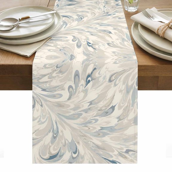 Feathered Marbled Table Runner 13x36 Inch Vintage Cream Gray Swirling Ebru Waves Cotton Linen Dining Table Runner Ideal for Dresser Kitchen Coffee Tables - Machine Washable