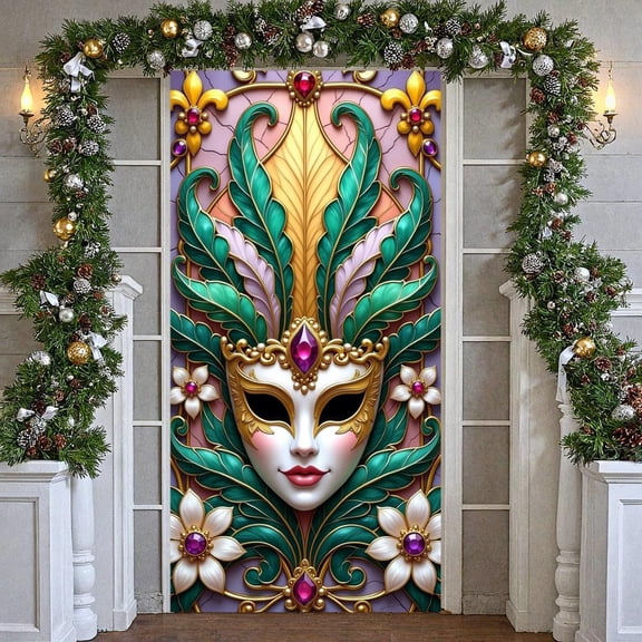 Feathered Masquerade Banner Jeweled Venetian Display Golden Ornate Purple Gemstones Carnival Backdrop for Masquerade Party Carnival Celebration Ball Event